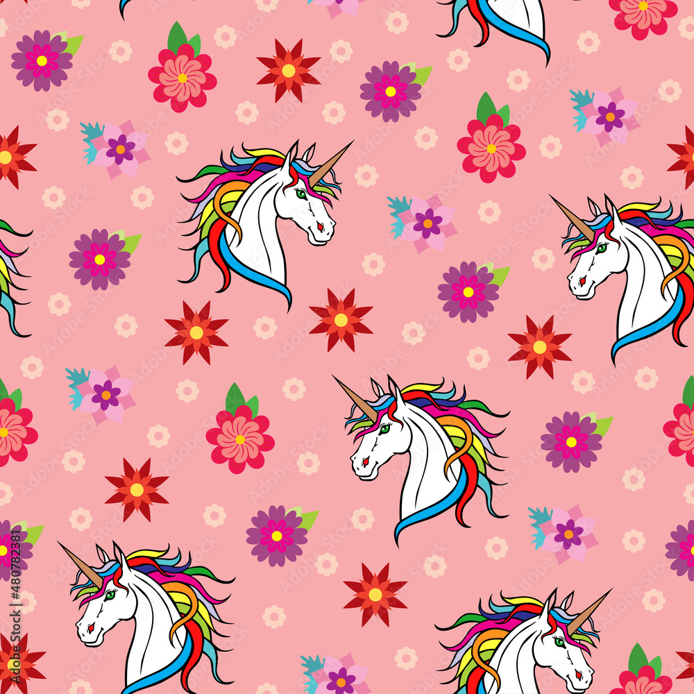 Unicorn muzzle and flowers pattern seamless
