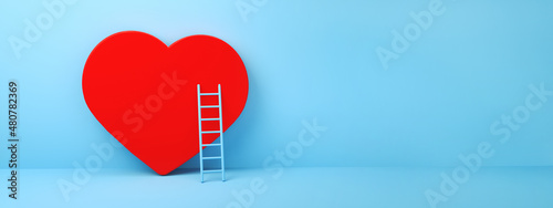 Ladder leading to a heart, symbol of love and stair over blue background, 3d render, panoramic layout