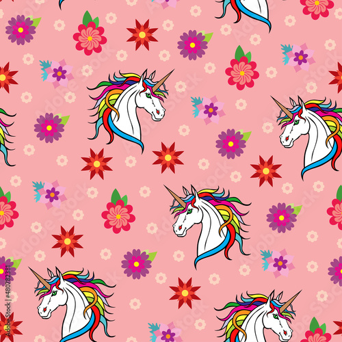Unicorn muzzle and flowers pattern seamless
