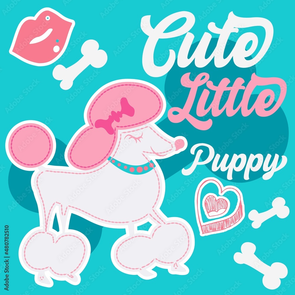 Fototapeta premium Illustration vector cute dog with heart and text flowers background