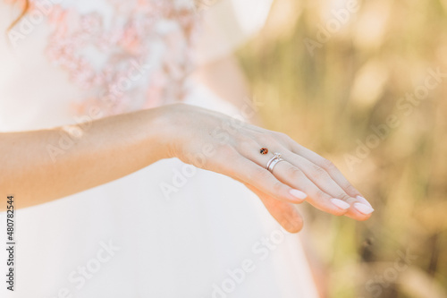 ladybug hand bride engagement ring fingers summer