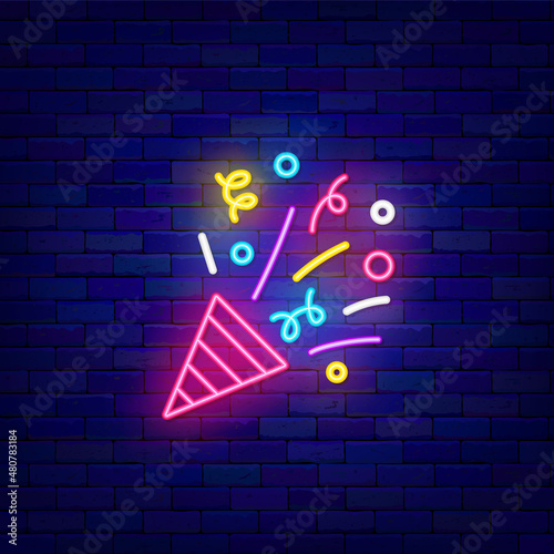Exploding popper neon icon. Happy Birthday concept. Flapper with confetti and streamers. Vector stock illustration