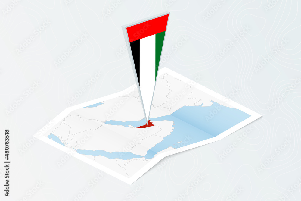 Isometric paper map of United Arab Emirates with triangular flag of ...