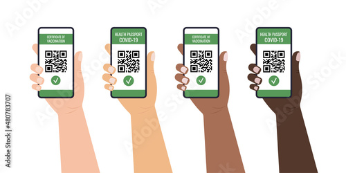 Green pass on smartphone screen with qr-code check mark flat icon. Health passport digital certificate of vaccination phone app in different skin color hands. Flat design cartton vector illustration. photo