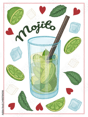 Cocktail mojito with lime, mint and ice cubes. Colorful poster. Vector illustration.