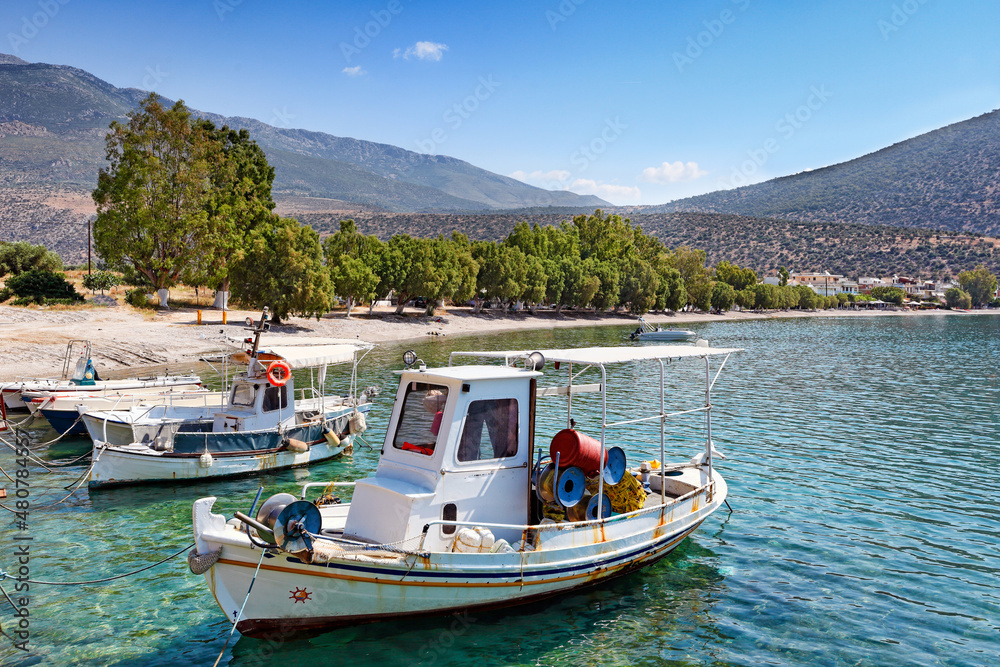 Fishing boats at the beach Saranti, Greece