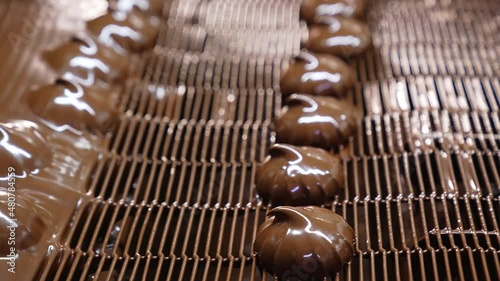 Tasty chocolate candies conveyor. Sweet factory proccess automatic line. photo