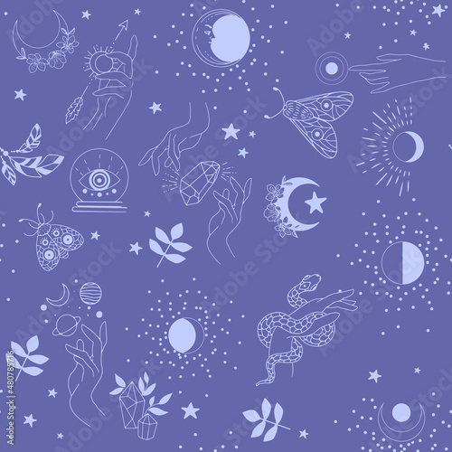 Seamless pattern in very peri color of witch and magic attributes in boho style. With magical symbols of a butterfly, a hand, a crystal ball, an all-seeing eye, a snake and a potion.