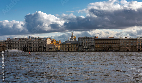 View of the Palace Embankment and the Neva River on windy day.