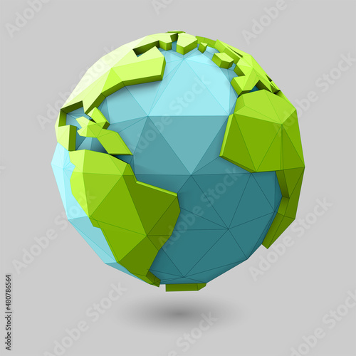 Low poly style earth globe. World globe illustration with green polygonal geometric map of the land. Vector 3D polygon planet icon design.