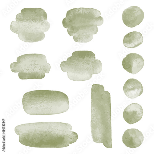 Pale green watercolor brush strokes set. Cute circles, smudges, rounded smears, oval watercolour shapes, paint spots, round stains. Natural color text backgrounds, graphic design elements collection