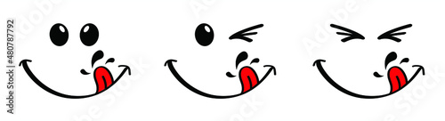 Yummy smile face with red tongue lick and saliva. Vector laugh cartoon slobber sign,  icon. Delicious, hungry, tasty eating. Lips or lips symbol. licking logo. Savour eating. Concept of enjoy everyday