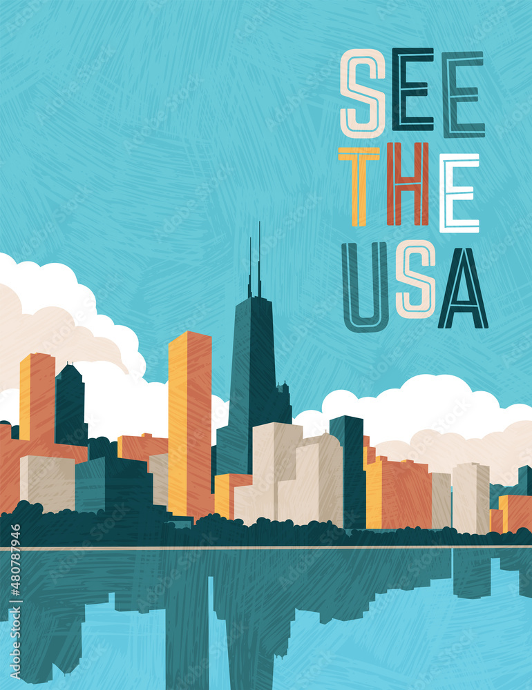 Obraz premium USA travel poster design template. Chicago skyline on Lake Michigan. Gradient free vector illustration.