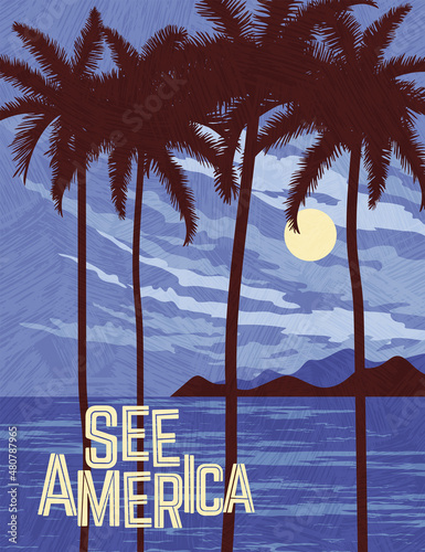 USA travel poster template of tropical paradise. Silhouette of palm trees in the moonlight. Gradient free vector illustration.