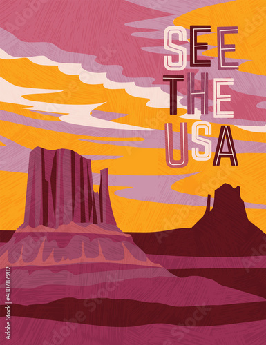 USA travel poster design template. Southwest desert scene of buttes and dramatic sunset. Gradient free vector illustration.