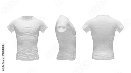White T-shirt template set, front, side, back view mockup. 3D Rendering