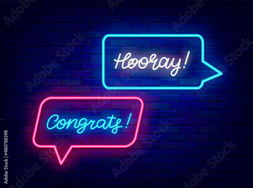 Speech bubbless with congrats and hooray neon lettering. Shiny calligraphy. Achievement celebration. Vector illustration