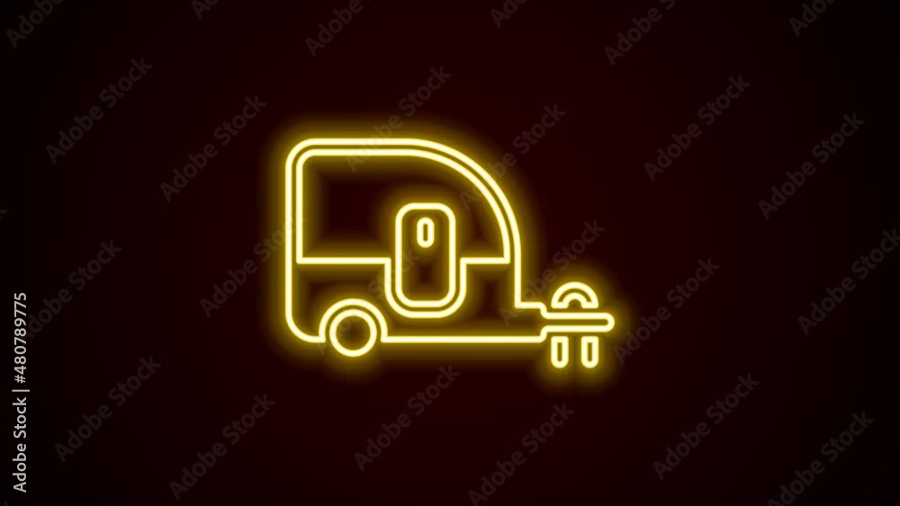 Glowing neon line Rv Camping trailer icon isolated on black background. Travel mobile home, caravan, home camper for travel. 4K Video motion graphic animation Glowing neon line Rv Camping trailer icon isolated on black background. Travel mobile home, caravan, home camper for travel. 4K Video motion graphic animation