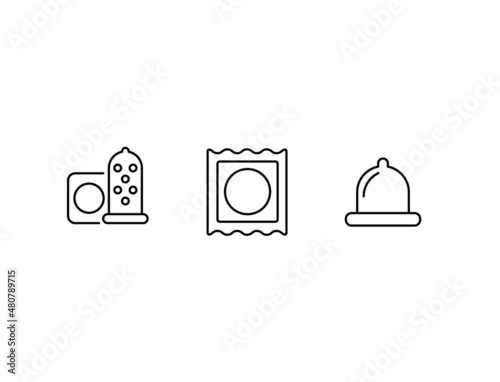 Condom outline icons set. Sex shop. Sexual accessory. Nightlife store. Isolated vector stock illustration