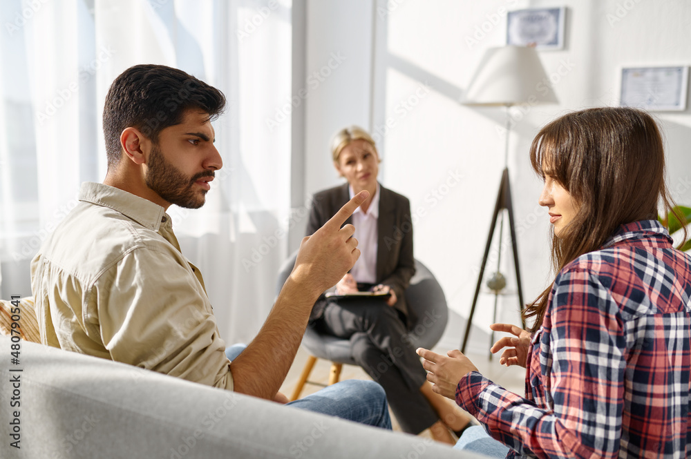 Obraz premium Unhappy couple arguing disagreement at psychologists office