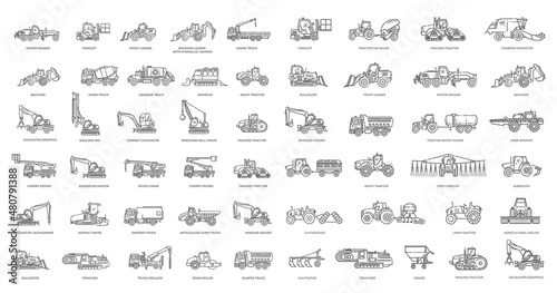 Construction vehicles and Agricultural machinery. Industrial transport vector icons photo