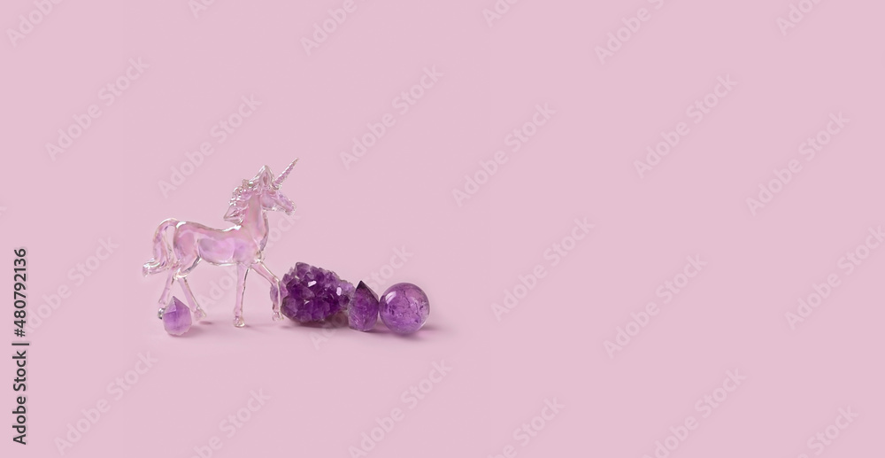 amethyst minerals set and crystal unicorn on pink background. Magic  gemstones for Crystal Ritual. Witchcraft, Relaxation spiritual practice,  Esoteric and life balance concept. banner. copy space Stock Photo | Adobe  Stock