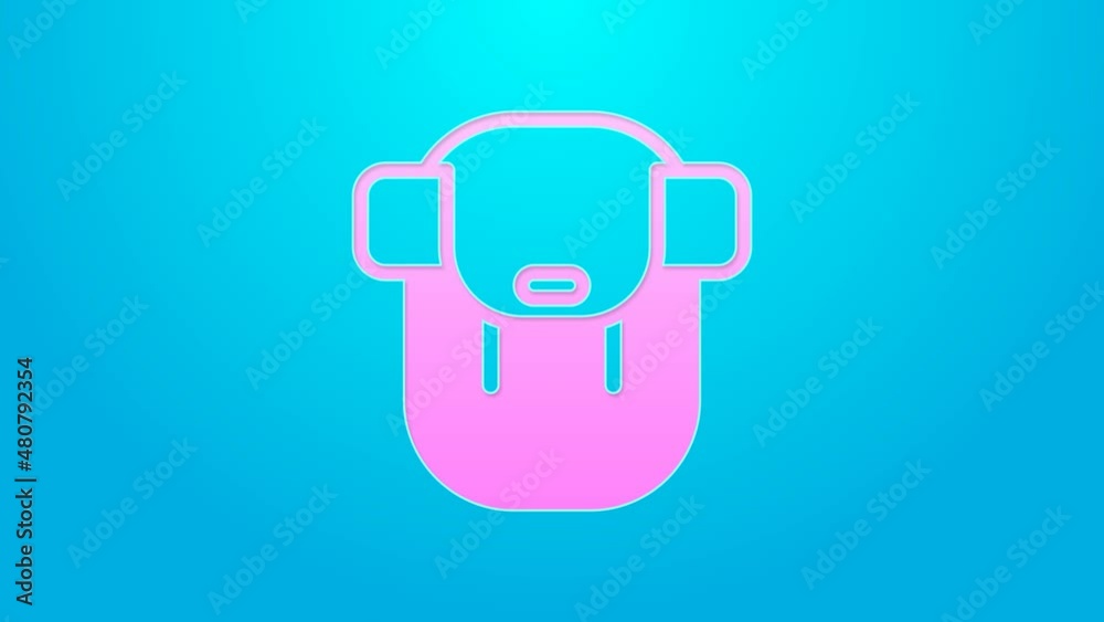 Pink line Hiking backpack icon isolated on blue background. Camping and mountain exploring backpack. 4K Video motion graphic animation Pink line Hiking backpack icon isolated on blue background. Camping and mountain exploring backpack. 4K Video motion graphic animation