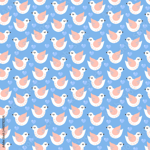 cute seamless childish pattern with birds and hearts isolated on blue background. vector cartoon pigeons and doves. romantic print, wrapping paper, textile, nursery design