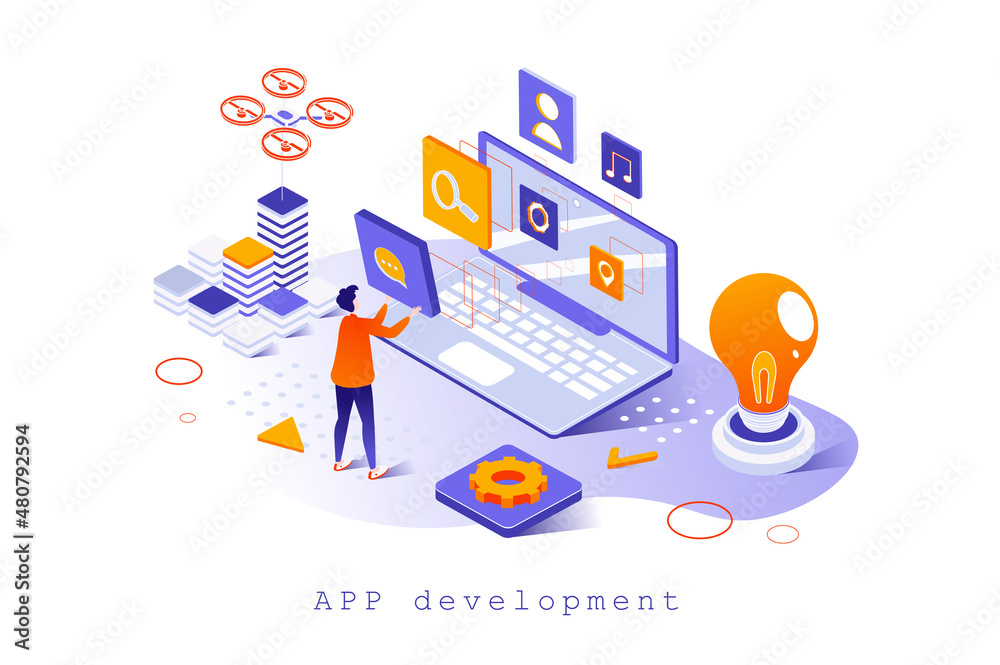 App development concept in 3d isometric design. Designer create interface for programs or applications. Developer programming software, web template with people scene. Vector illustration for webpage App development concept in 3d isometric design. Designer create interface for programs or applications. Developer programming software, web template with people scene. Vector illustration for webpage