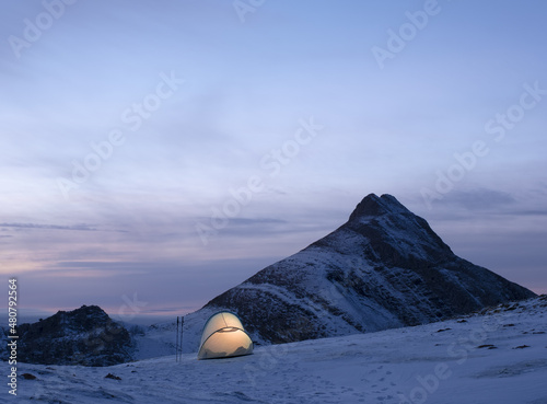 Tent at dusk in the natural park of the Aralar mountain range, Euskadi photo