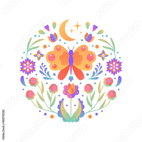 Ornamental round gradient floral pattern. Natural elements, flowers, leaves and butterfly. Spring floral circle shape