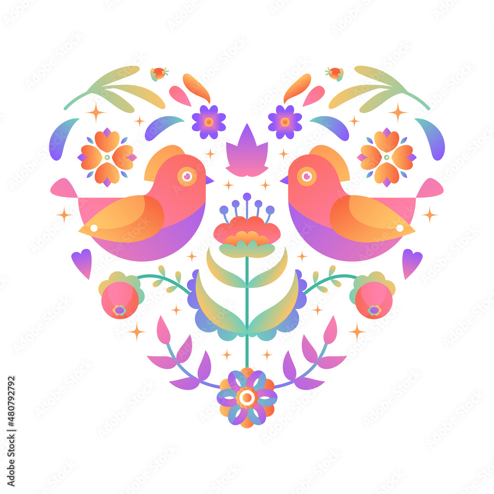 Bright gradient heart shape with flowers, birds and leaves. Romantic gradient floral ornament, folk motif.