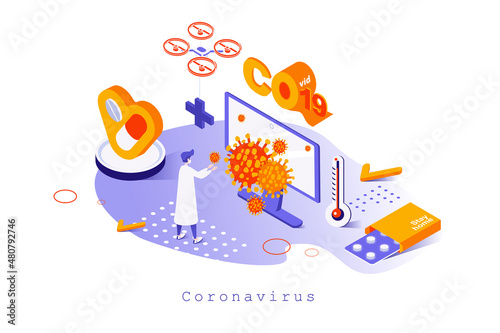 Coronavirus concept in 3d isometric design. Scientist researches virus and develops vaccines and medicines for disease, stop covid-19, web template with people scene. Vector illustration for webpage