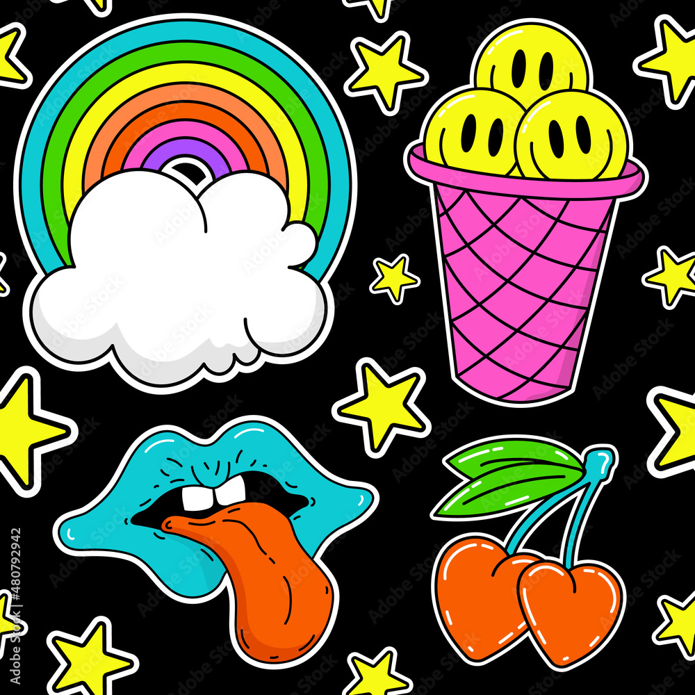 Psychedelic trippy Acid abstract characters and objects. In a cartoon  style, a set of bright psychedelics, сloud rainbow, round emoji ice cream,  mouth with tongue and cherry. Pattern vector Stock Vector |