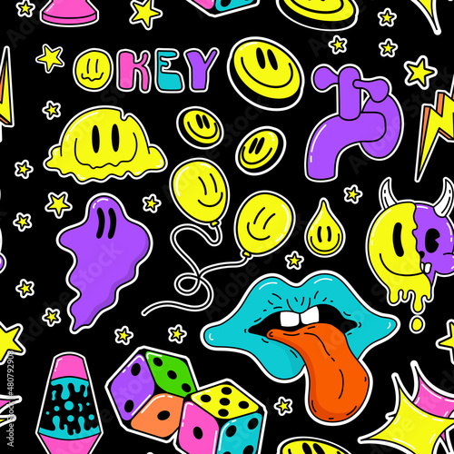 Psychedelic trippy Acid abstract characters and objects. In a cartoon style, a set of bright psychedelics. Pattern vector