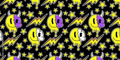 Psychedelic trippy Acid abstract characters and objects. In a cartoon style, a set of bright psychedelics, drip emoticons, skull and devil, lightning and stars. Pattern vector