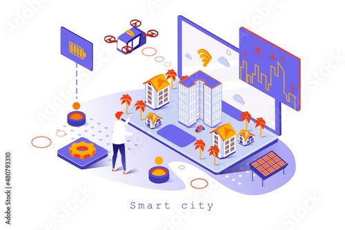 Smart city concept in 3d isometric design. Futuristic cityscape with modern infrastructure, wi-fi technology and alternative energy, web template with people scene. Vector illustration for webpage
