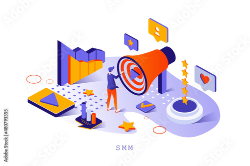 SMM concept in 3d isometric design. Online advertising, business promotion and attraction of new customers, social media marketing web template with people scene. Vector illustration for webpage photo