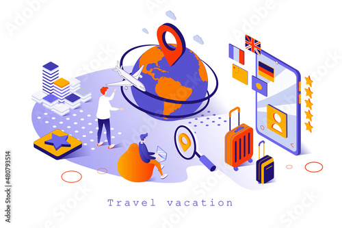 Travel vacation concept in 3d isometric design. Tourists go on vacation resort, fly by airplane other countries, global tourism trip, web template with people scene. Vector illustration for webpage