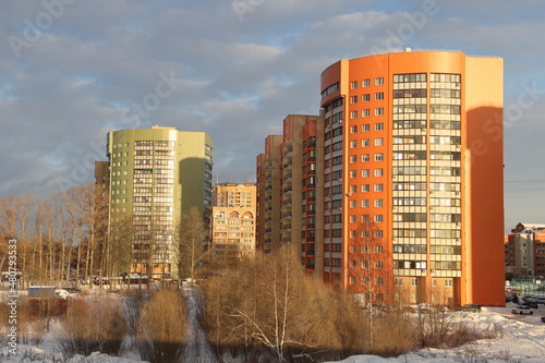 Photography New snow covered high rise residential buildings in a Russian city