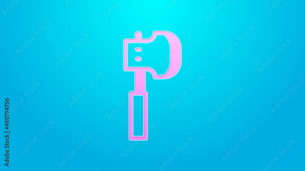 Pink line Wooden axe icon isolated on blue background. Lumberjack axe. 4K Video motion graphic animation Pink line Wooden axe icon isolated on blue background. Lumberjack axe. 4K Video motion graphic animation