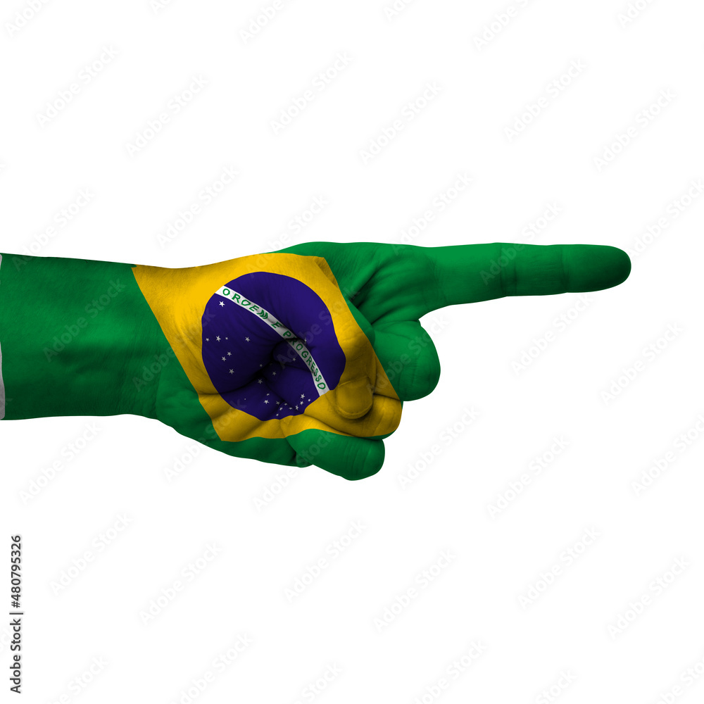 Hand pointing right side, brazil painted with flag as symbol of right direction, forward - isolated on white background