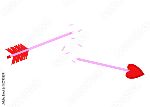 Broken cupid's arrow. Damaged arrow with a heart-shaped tip, broken in half. 3d render, isolate. Valentine's day illustration in cartoon style.