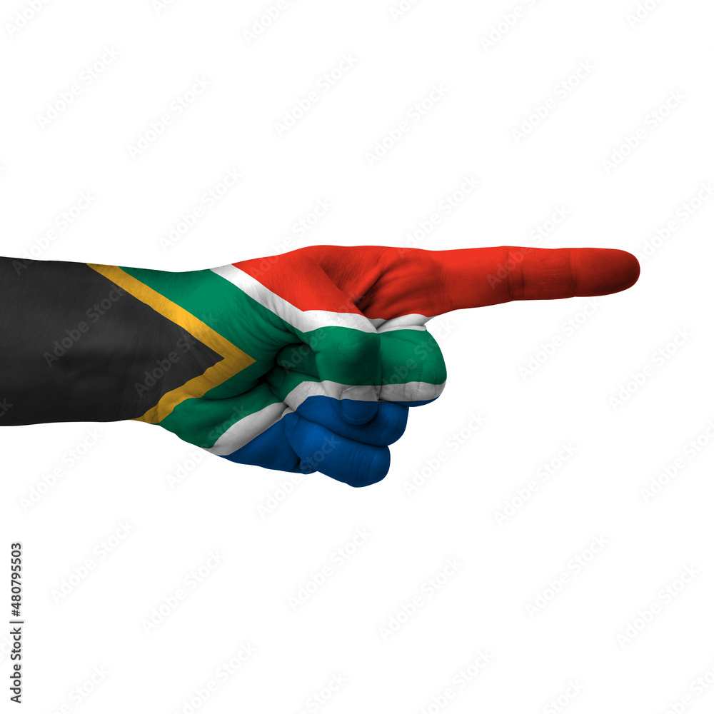 Hand pointing right side, south africa painted with flag as symbol of right direction, forward - isolated on white background