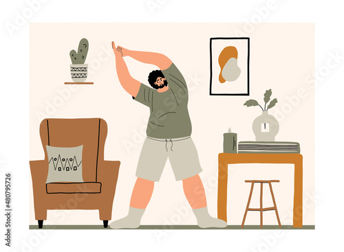 Body positive man doing yoga at home. A young overweight guy does physical education. Vector illustration in flat style