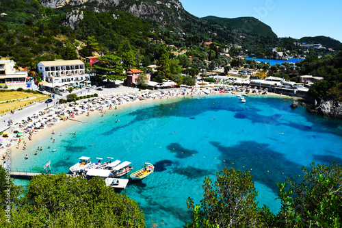 Fototapeta Naklejka Na Ścianę i Meble -  A picturesque beach in the village of Paleokastritsa. Selective focus. Corfu, Greece.