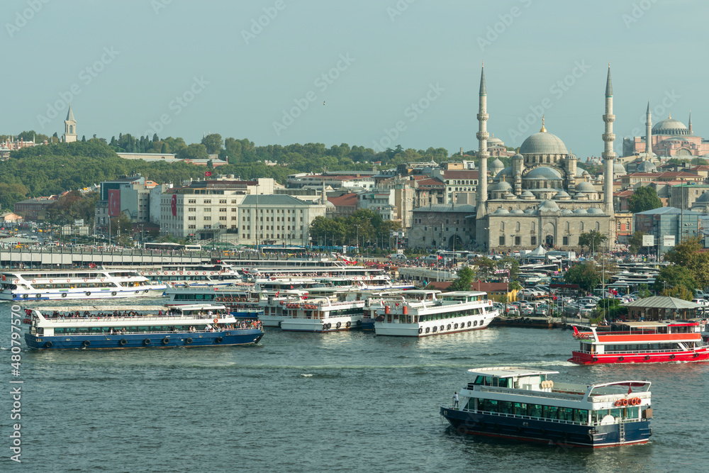 Boats piled up on the shores of the Bosphorus docked and leaving to make their routes