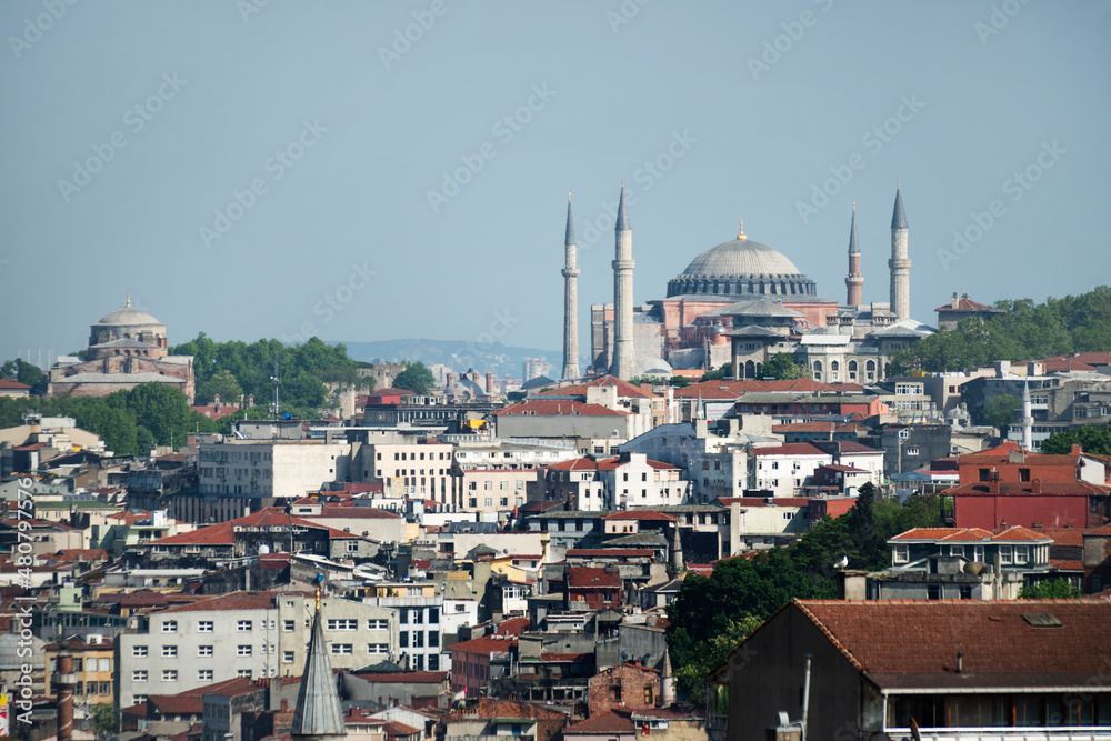 Istanbul rooftops with saint sophia cathedral great mosque in istanbul golden horn