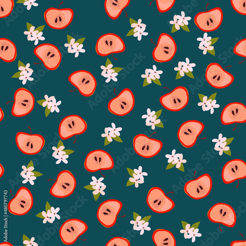 Apples seamless pattern. For fabric, gift wrap,interior paper, cover, wall art, decoration.Hand drawn colored Vector illustration