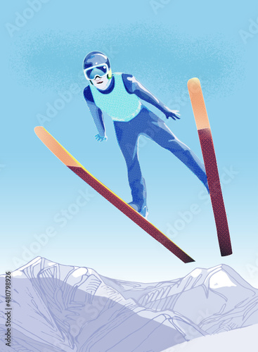 skier in ski jump flight 